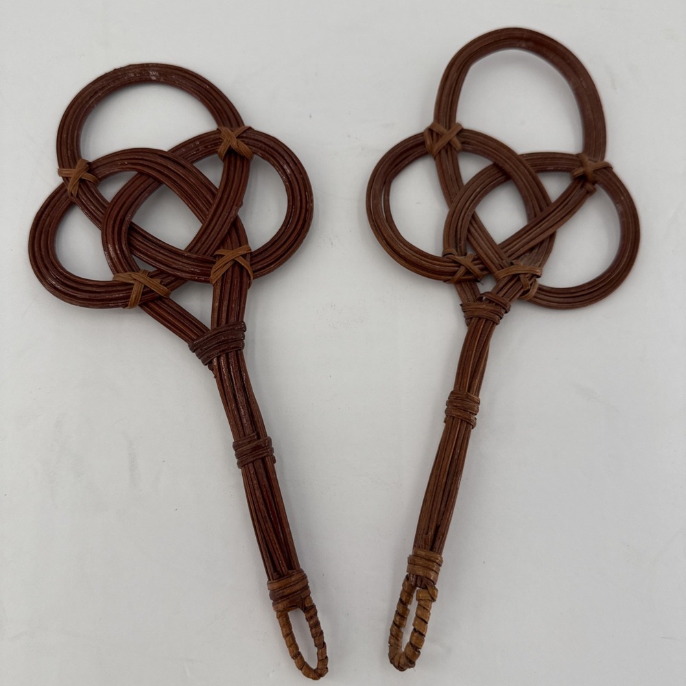 Vtg 2 Rattan Carpet Beater Woven Wicker Rug Beaters Boho Wall Decor Small 9"